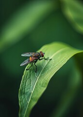 Fly sitting on green leaf in the garden bokeh green bokeh green abstract background light bright blur pattern