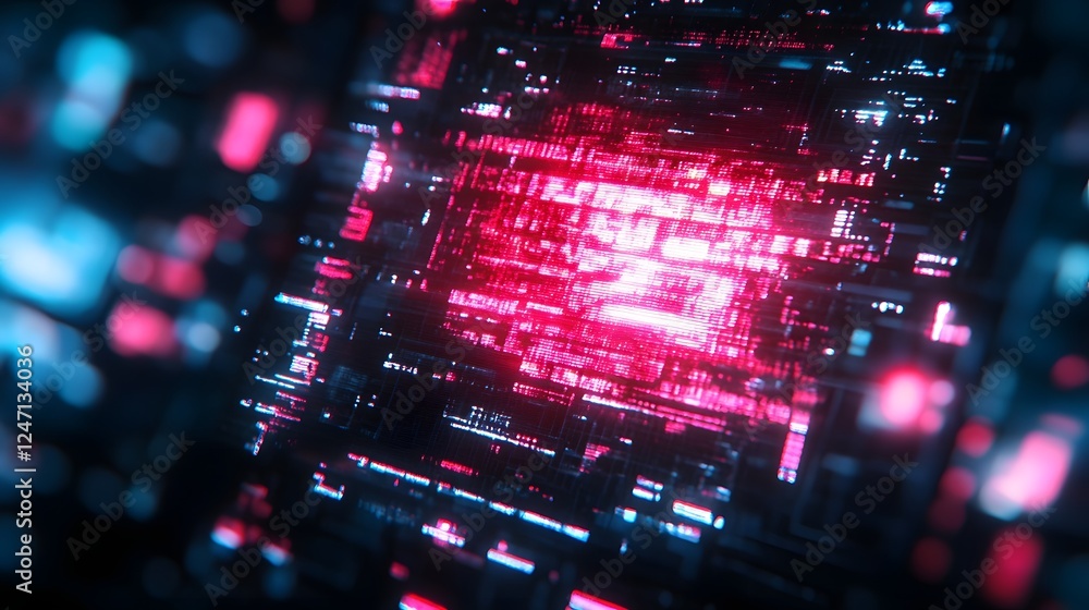 Poster Vibrant digital landscape with glowing neon lights pulsating energy and a futuristic cyberpunk inspired visualization of data technology and intelligence