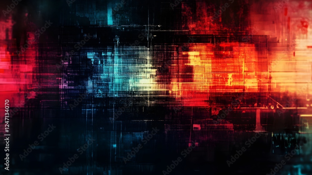 Poster Vibrant digitally rendered futuristic abstract landscape with glitch like swirling patterns neon lights and a sense of depth and motion  This surreal