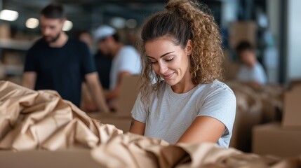Student Volunteering Week Young caucasian female sorting materials in warehouse setting
