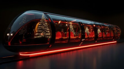 A sleek, futuristic glass train with bold red accents and glowing holiday decorations. The train transparent exterior reveals an elegant Christmas tree adorned with shimmering ornaments inside.