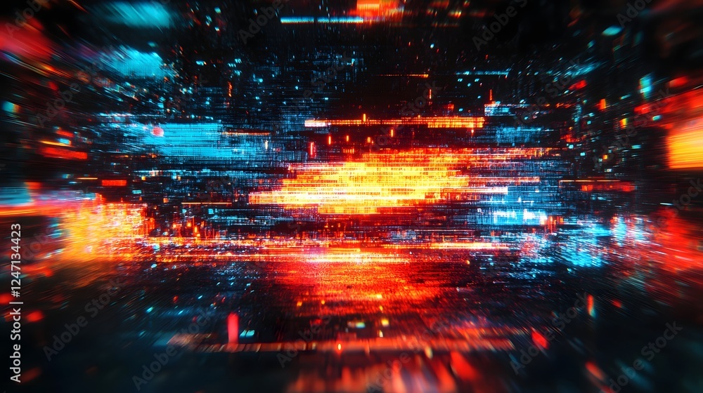 Poster Vibrant Futuristic Digital Landscape with Glowing Lights and Abstract Cosmic Patterns  Mesmerizing and captivating abstract digital art with a dynamic surreal and hypnotic atmosphere