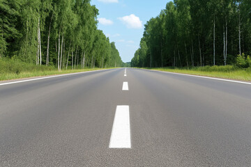 Fototapeta premium Long straight road flanked by green trees under a clear blue sky in summer