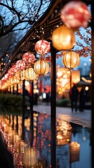 Obraz premium Zhonghe Festival Beautiful asian lanterns reflecting on a tranquil night street scene