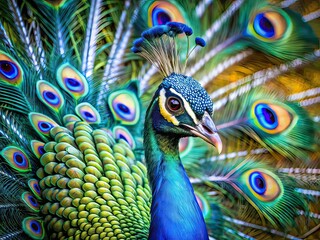 Obraz premium Peacock Feather Detail, High Depth of Field, AI Photo, Beautiful Bird, Majestic