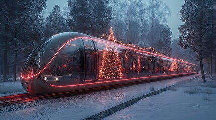 A sleek, futuristic glass train with bold red accents and glowing holiday decorations. The train transparent exterior reveals an elegant Christmas tree adorned with shimmering ornaments inside.