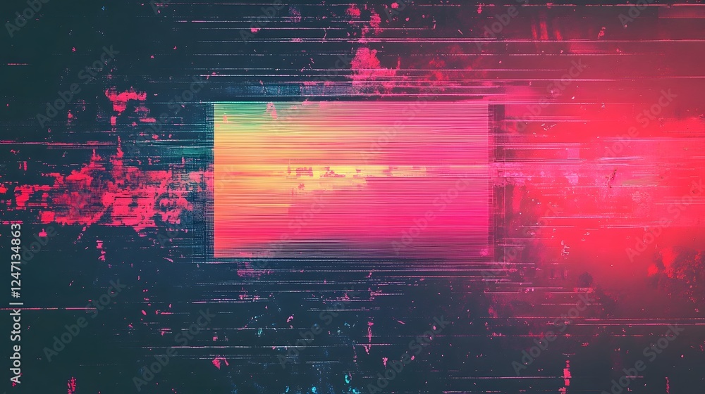 Poster Vibrant Glitch Effect with Neon Gradient Explosion and Pulsing Particles  Abstract digital background with dynamic distortion data corruption and futuristic technology elements