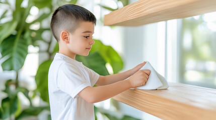 Young caucasian male child cleaning wooden shelf with cloth in bright room