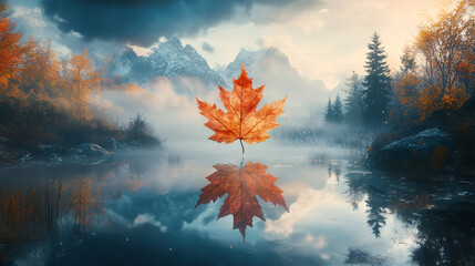 Surreal Digital Artwork of a Maple Leaf Blended with a Nature Landscape, Reflecting on Water, Symbolizing Autumn, Canada, and the Beauty of Seasonal Change