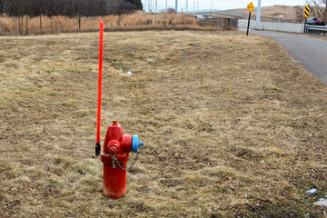 a fire hydrant in winter with long snow pole for cold climate visibility with street in background