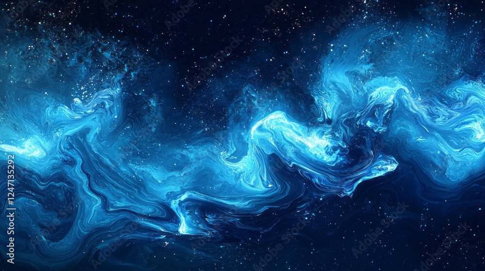 Poster a mesmerizing display of vibrant blue neon waves creates an elegant, flowing background. this unique
