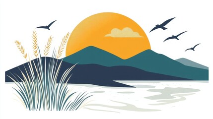 Sunset tranquil mountain landscape with birds