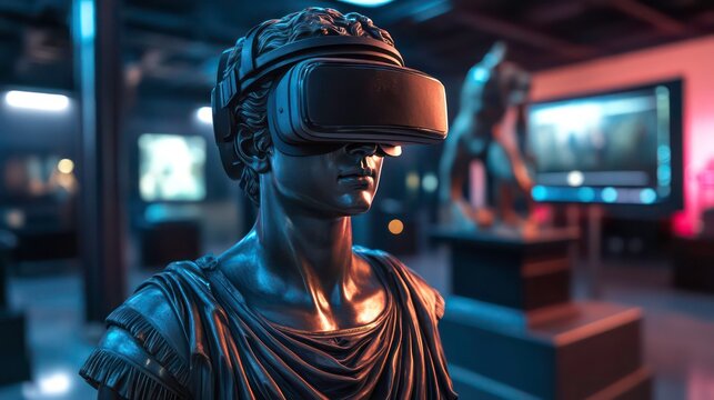 a Roman statue wearing VR goggles, engaged in a virtual reality gaming session in a high-tech room