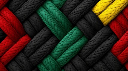 Woven Ropes of Black Red Green and Yellow Creating a Textured Pattern Design Close Up Macro Detail.