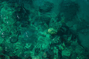 Rocks and corals in sea blue water. Landscape of Egypt on vacation