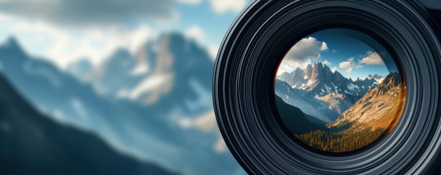 A camera lens capturing the reflection of towering mountains and tranquil skies, symbolizing the art of photography in nature