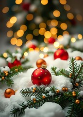 Fototapeta premium Christmas decorations on snow and bokeh lights in the air christmas balls on white snow green pine branches with small golden toys bokeh green bokeh green abstract background light bright blur pattern