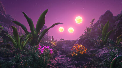 A lush alien jungle with towering plants, glowing flowers, and strange creatures, under a purple sky with two suns, realistic photo