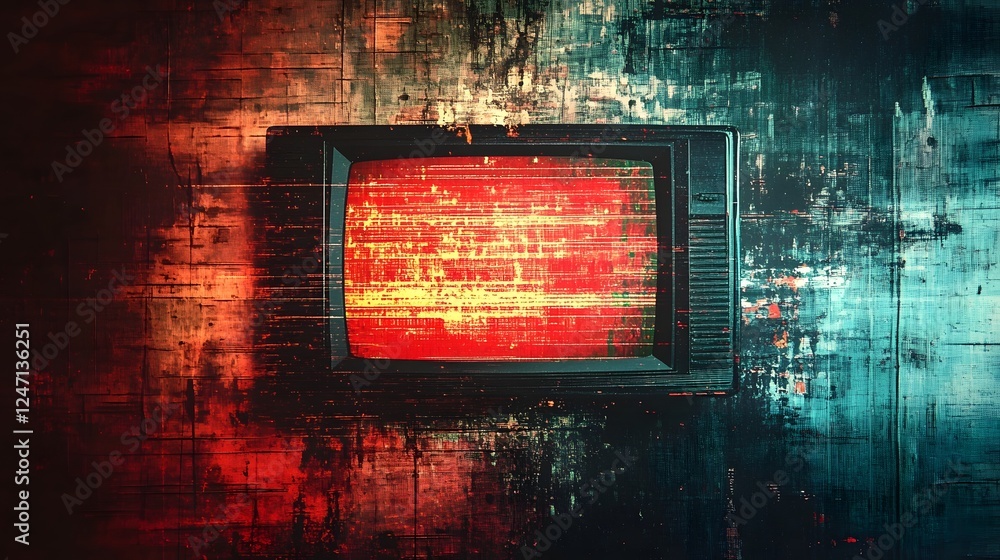 Poster Vintage Retro Distorted Television Screen in a Grungy Moody Atmosphere Displaying Static Noise and Interference   Abstract Experimental Surreal Dystopian Digital Art Background