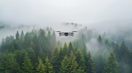 Fototapeta na wymiar Drone Navigates Through a Misty Forest Creating an Ethereal Experience in Tranquil Surroundings. Generative AI