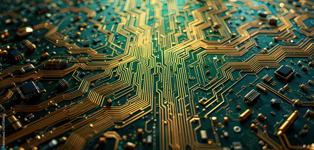 Aufkleber close-up view captures the complexity of a printed circuit board with intricate gold pathways and va