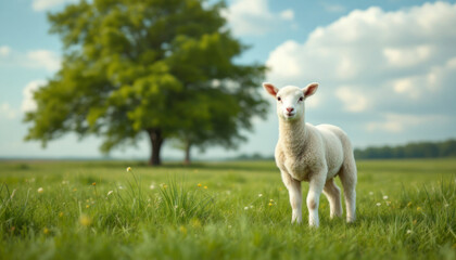 Obraz premium Lamb is standing between dandelions
