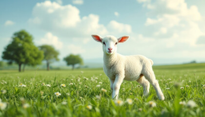 Fototapeta premium Lamb is standing between dandelions