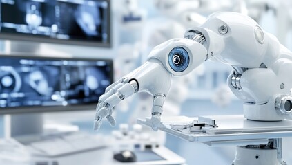 In a high-tech laboratory, a robotic arm reaches for tools, showcasing advancements in sustainable robotics and ethical AI