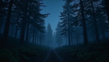 Obraz premium Mysterious forest path at night with starry sky and foggy atmosphere