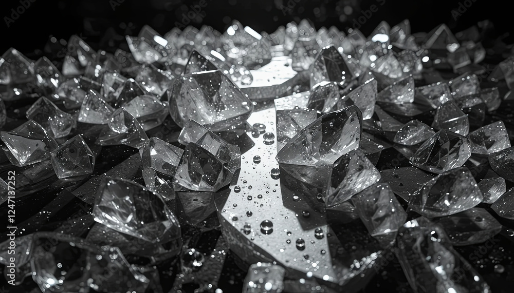Poster glimmering crystals of various shapes are scattered across a dark surface, creating stunning reflect