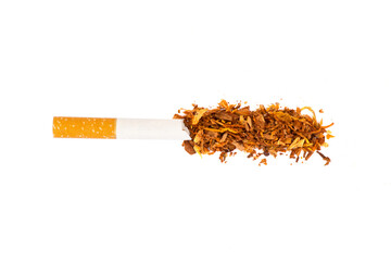 Broken cigarette which made lung cancer and another diseases with filter and tobbaco on the half of cigarette separated on white background.