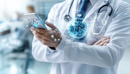 A doctor holds a smartphone displaying advanced AI graphics while standing in a modern healthcare facility. This disruption aims to improve human-robot collaboration for better patient outcomes