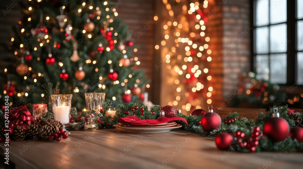 Poster a background of decoration surrounds an empty table in front of a christmas tree