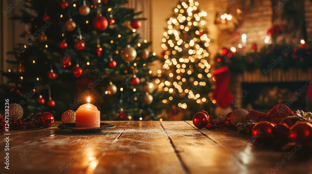 Poster a background of decoration surrounds an empty table in front of a christmas tree