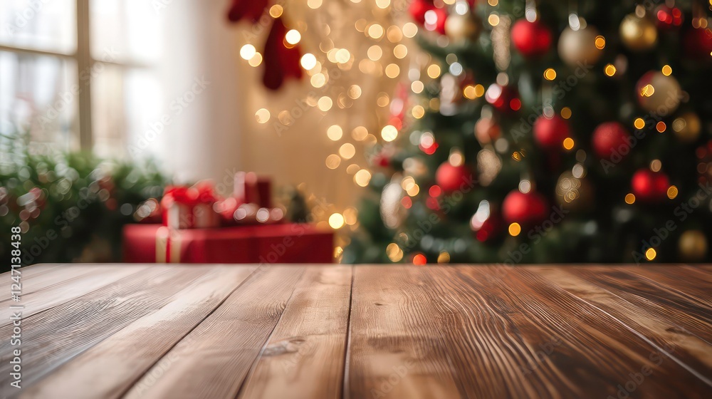 Poster a background of decoration surrounds an empty table in front of a christmas tree