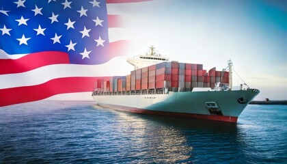 American flag over container ship at sea