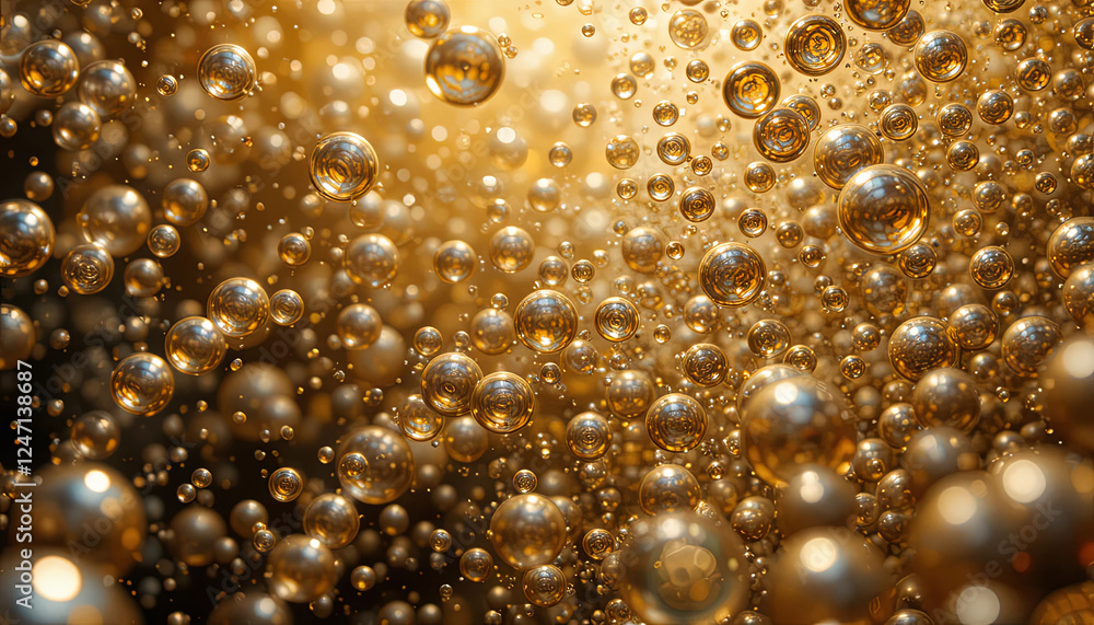 Poster bubbles float upward in a shimmering golden liquid, reflecting light and creating a dynamic display.