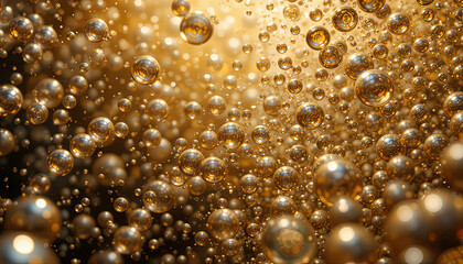 Fototapeta premium Bubbles float upward in a shimmering golden liquid, reflecting light and creating a dynamic display. The scene captures the beauty of movement and texture in a vibrant environment