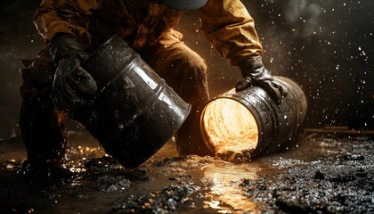 Factory worker handling hazardous waste with minimal safety gear, surrounded by leaking barrels and cluttered debris, poorly lit industrial setting