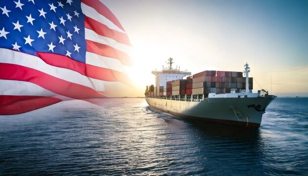 American flag flying beside cargo ship at sea