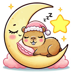 Adorable capybara wearing a nightcap surrounded by stars sleeping on a crescent moon with a pillow isolated on white. Kawaii vector illustration suitable for children's design, cards, tshirt, sticker