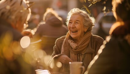 Elderly friends having a tea party at a senior living facility, smiling and laughing together while eating snacks at a table with other guests around them