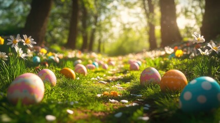 Colorful eggs scattered on a grassy path in the forest