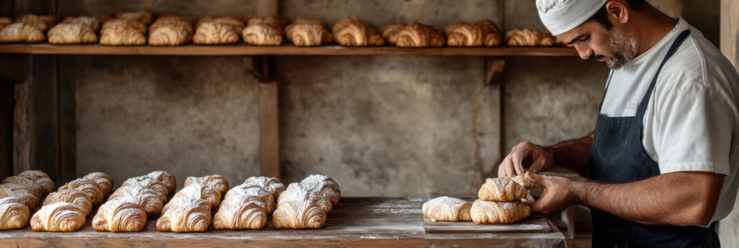 A male baker carefully places freshly baked croissants on a rustic wooden shelf, surrounded by the cozy ambiance of the bakery, banner