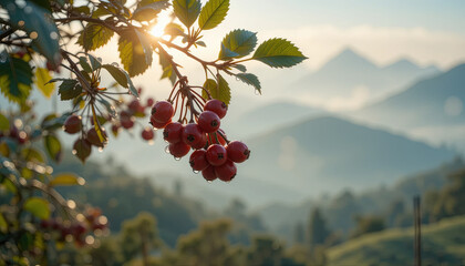Bright red berries hang from a branch, glistening with morning dew as the sun rises. Lush green mountains and light mist create a tranquil and serene atmosphere