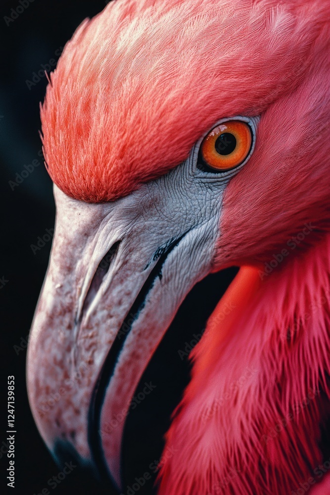 Poster a close up of a flamingo's face with its eyes open and its beak open. the flamingo is pink and has a