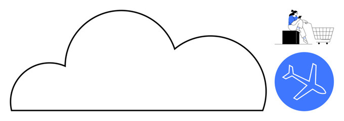 Large black-outlined cloud dominates center, traveler sitting on a suitcase next to shopping cart in upper right, airplane in blue circle below. Ideal for travel, vacations, aviation, e-commerce