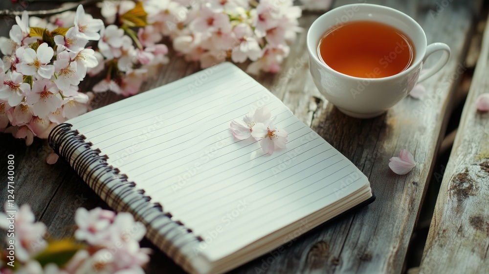Poster a notebook with a cup of tea on top of it. the notebook is open to a blank page. the cup of tea is f