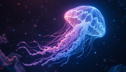 Glowing jellyfish floating in deep dark ocean