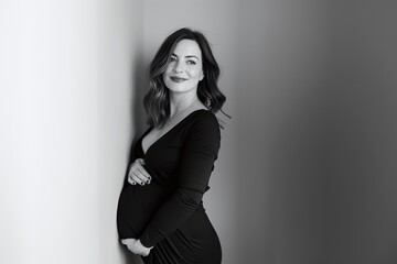 Fototapeta premium Pregnant woman in sleek black dress, minimal gray background, elegant maternity style, serene side profile pose, soft lighting, confident motherly expression, copy space
